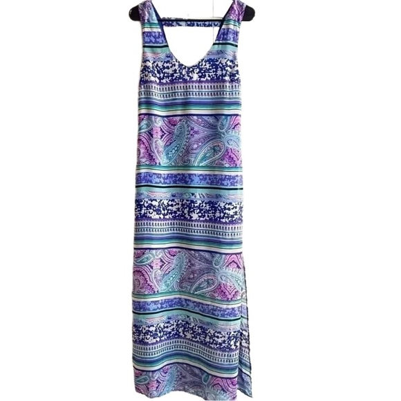 Umgee Maxi Multicolor Purple Paisley Stripes Beach Double lined Coastal Dress M - Picture 1 of 7